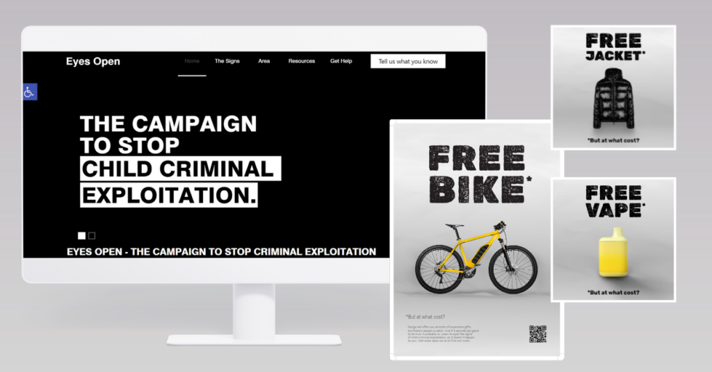Artwork for the launch of Eyes open featuring a computer screen, bike, vape and jacket.