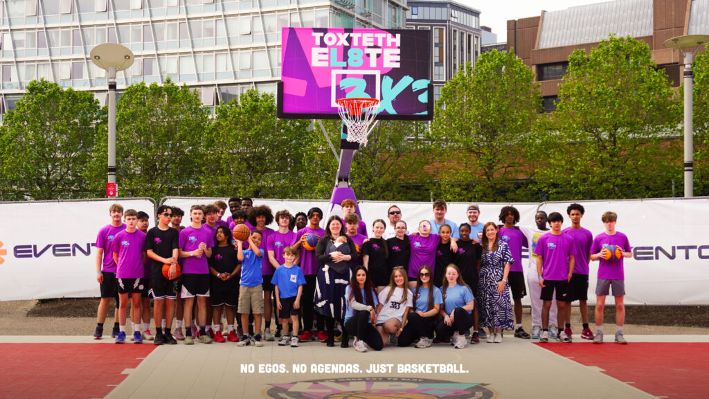 LVP 3X3 Basketball players, PCC Emily Spurrell, members of MVRP and supporting partners standing on a basketball court